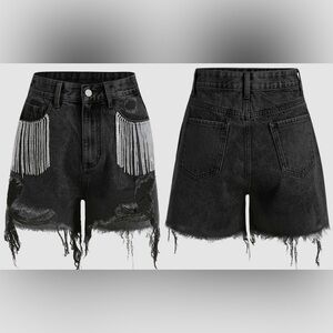 NWT CASHMERE & CHAMPAGNE DIAMOND TASSELS RIPPED DENIM SHORTS Sz. S
